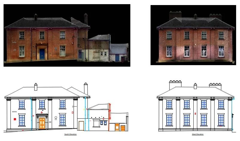 Measured building survey drawing showing photographs alongside south and west elevations of a brick house