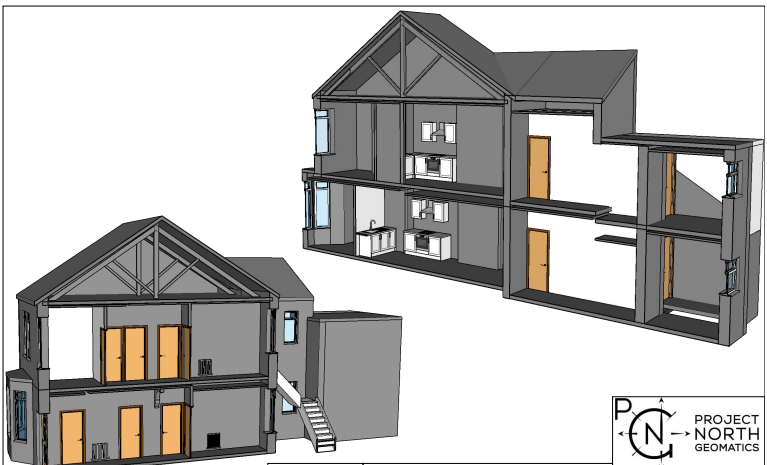 Architectural cross sections of a multi-storey house generated from a Revit model