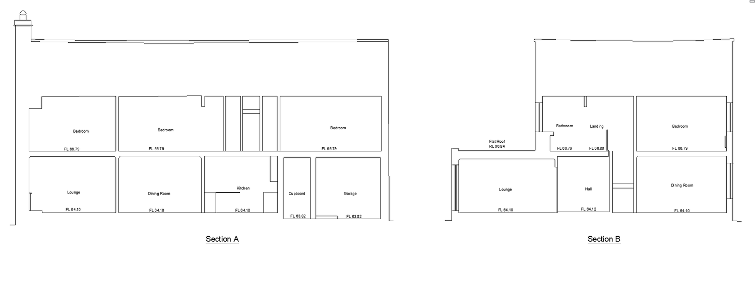 House floor plan with room labels and elevation levels indicated