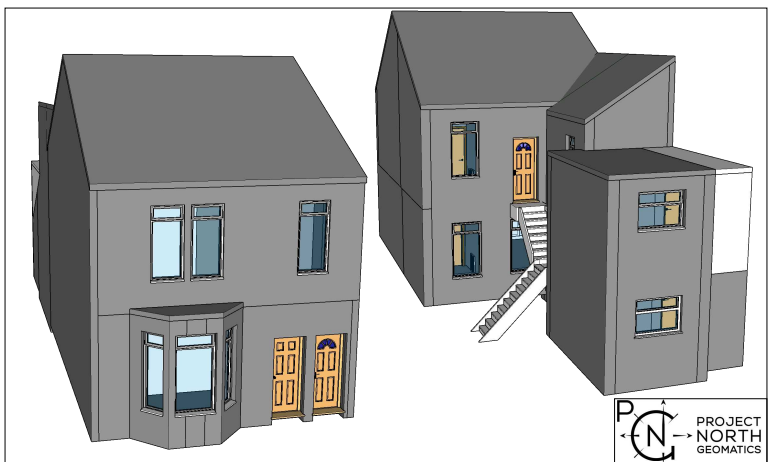 Revit model of three grey residential buildings with connecting stairs