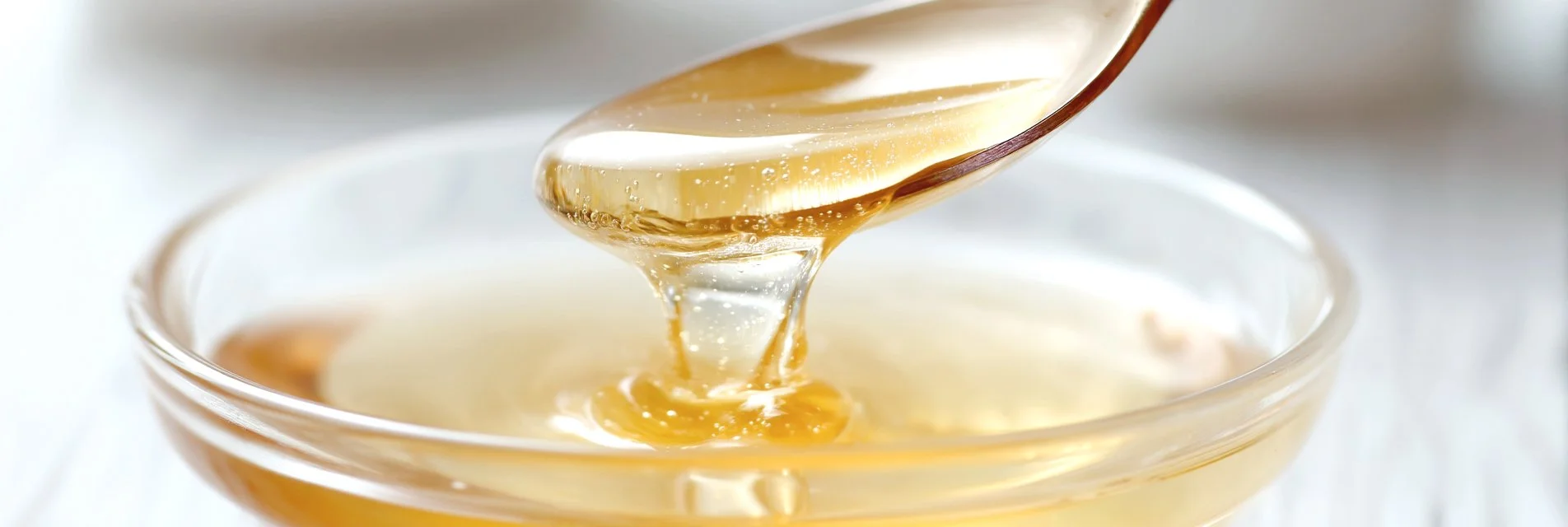 Close-up of tapioca syrup drizzling from a spoon into a bowl, used as a cleaner alternative to corn syrup in baking.