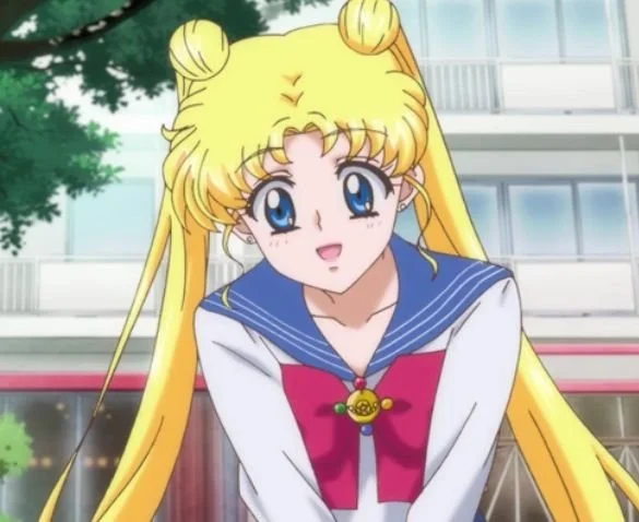 Classic cartoon illustration of Sailor Moon in her iconic red, white, and blue outfit, with blonde pigtails and crescent moon accessories.