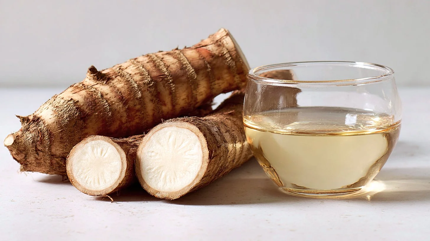 Cassava roots beside a small bowl of tapioca syrup, showing the natural source of this clean-label sweetener.