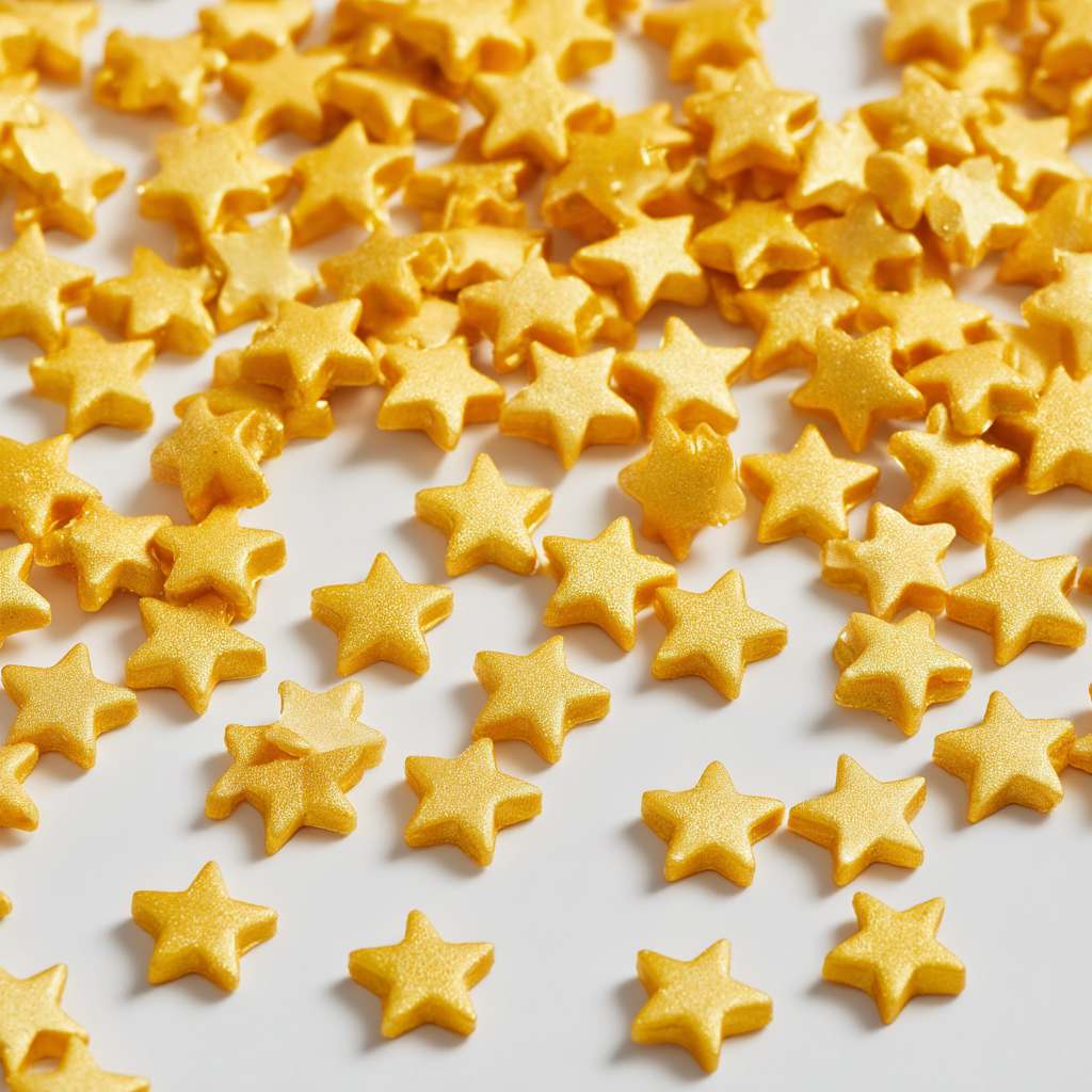 Gold star sprinkles scattered across a white surface, adding a touch of celestial magic inspired by Sailor Moon's stardust transformations.