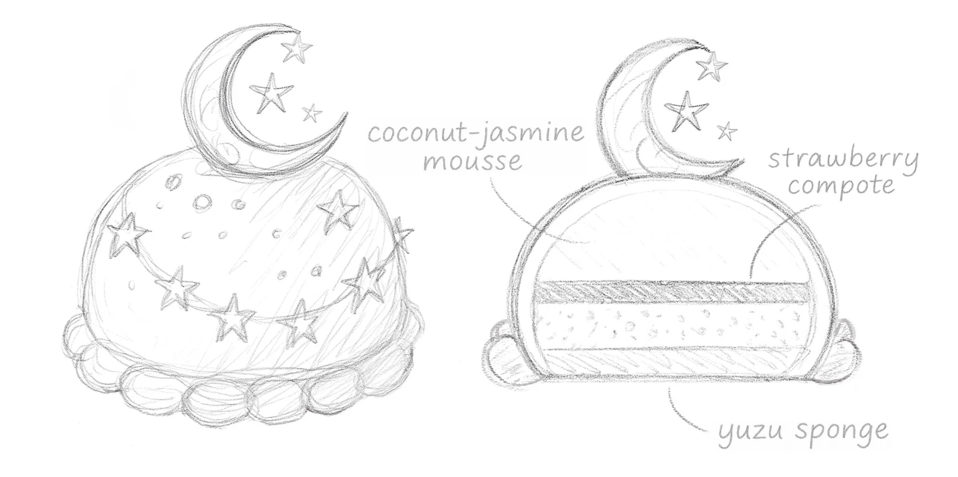 Rough pencil sketch of a magical crescent moon-shaped entremet, showcasing both the glossy exterior design and a detailed cross-section revealing layered mousse, sponge, and compote fillings.