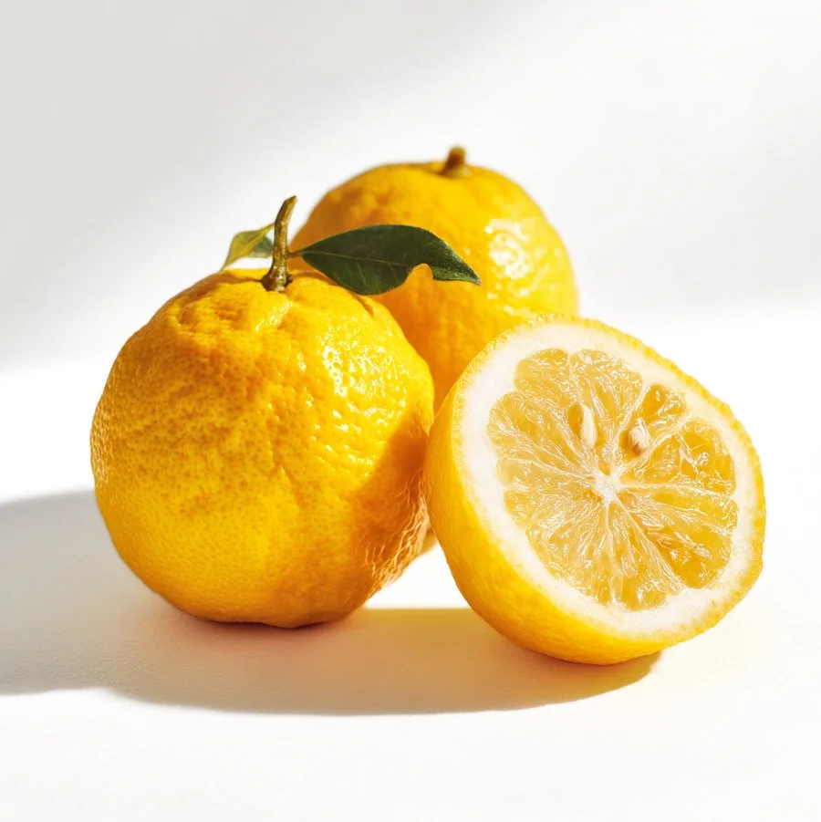 Whole yuzu fruit with one cut in half, revealing its bright yellow flesh and vibrant zest, displayed on a white background.