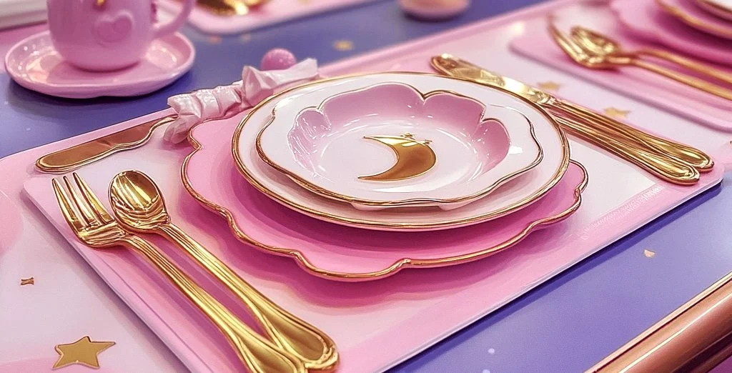An enchanting table setting inspired by Sailor Moon, featuring pink, purple, and gold accents with whimsical decorations that evoke a magical, celestial atmosphere.