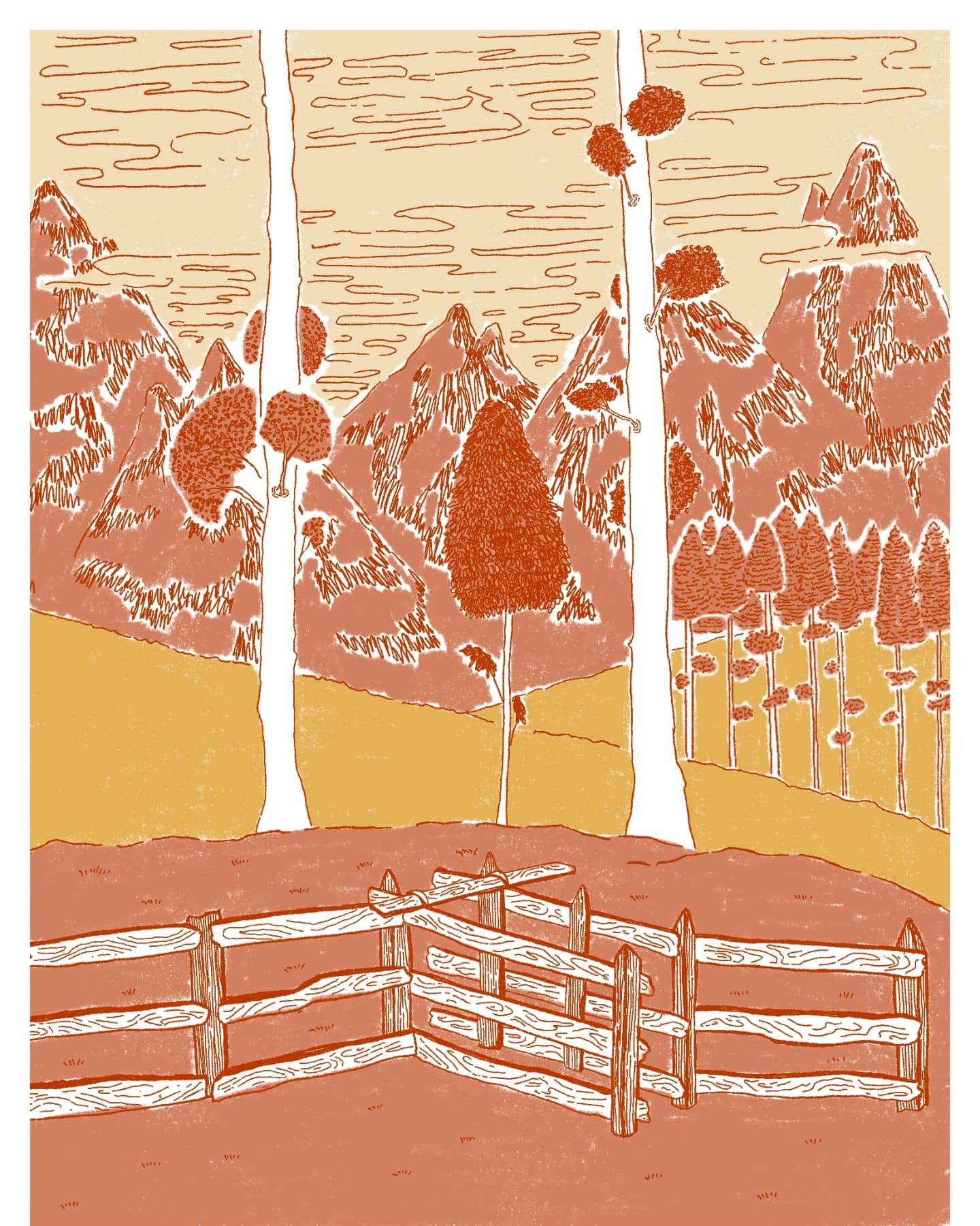 The origial pen drawing never felt finished so I tried digitizing. I love it, and the scratches on the mountains also scratch my 🧠 DELICIOUSLY. 

#illustration #travelsketch #travelart #digitalillustration #digitalart #bookillustration #sketcnature 