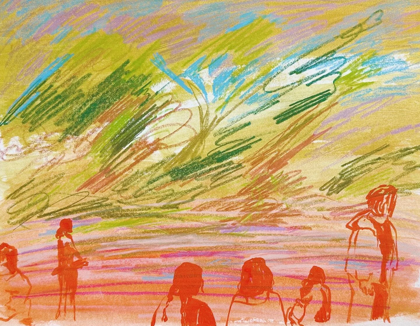 a scene from life drawing / painting in the park 🗺️🌳

gouache &amp; colored pencil 

trying to lean into using gestural marks and trusting my hand these last days.  working mostly digitally for the past few years has made me too conscious of &ldquo