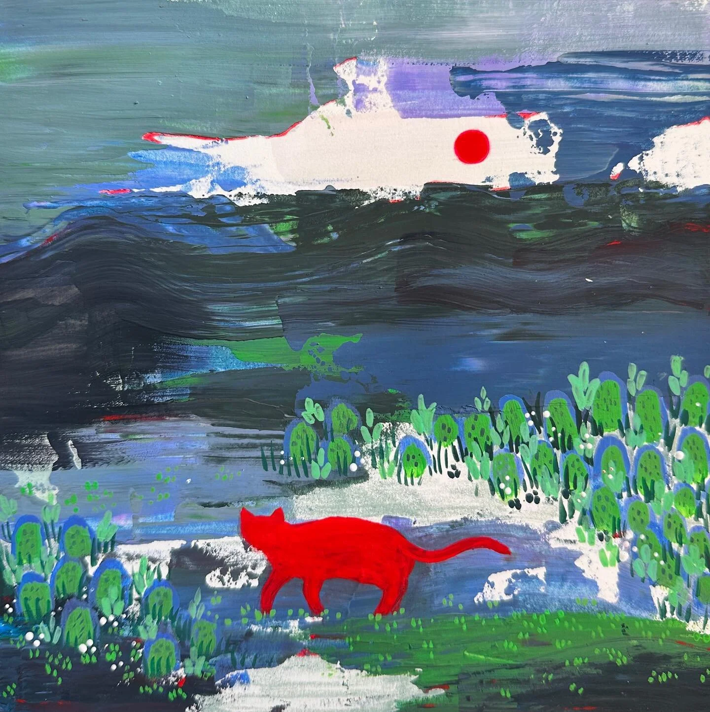 a small housewarming gift for my friend 🐈&zwj;⬛🌀 
started with big swipes of dark color and constructed a landscape around that&hellip; 

#gouache