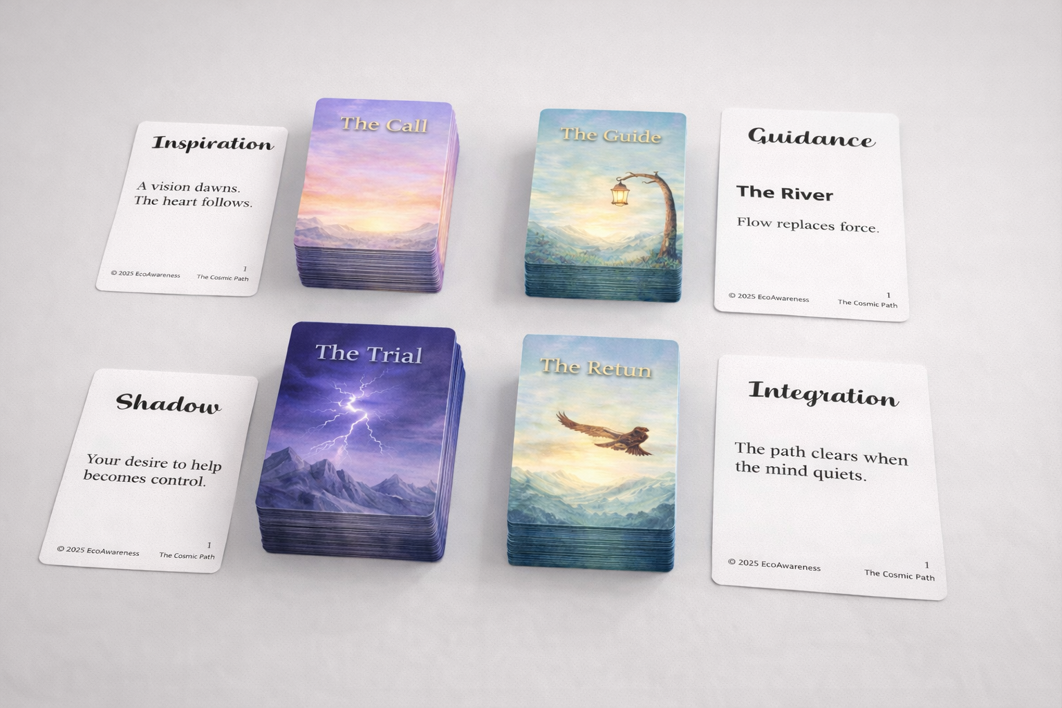 Two rows of cards and four cards in each row on a white surface. The top row includes "Inspiration" with a quote, "The Call" with an image of a sunset or sunrise, "The Guide" with an image of a tree and lantern, and "Guidance" with a quote. The bottom row includes "Shadow" with a quote, "The Trial" with an image of lightning and mountains, "The Return" with an image of a flying bird, and "Integration" with a quote.