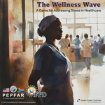 Cover of 'The Wellness Wave,' a healthcare booklet featuring a woman looking out a window with medical staff and patients in the background.