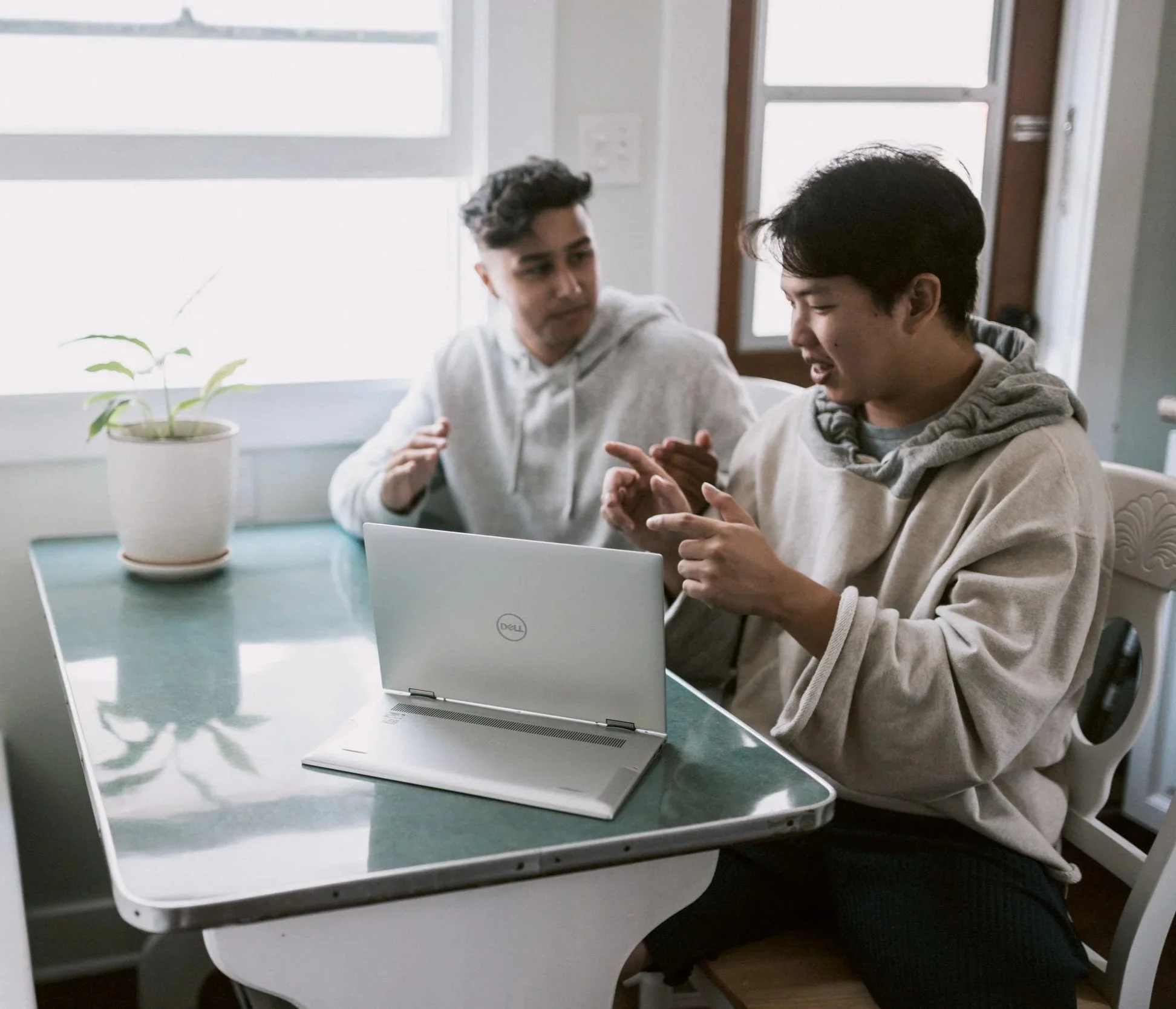 Two young men having a conversation while sitting at a table with a silver Dell laptop and a potted plant in a bright room.