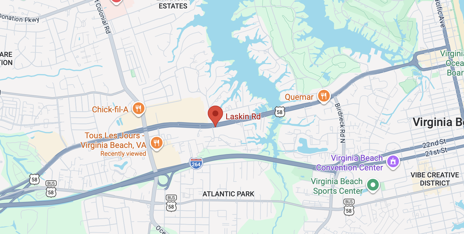 Map of the Virginia Beach area showing Laskin Road, nearby restaurants Chick-fil-A and Quero, the Virginia Beach Convention Center, Virginia Beach Sports Center, and highway 58 and 264.