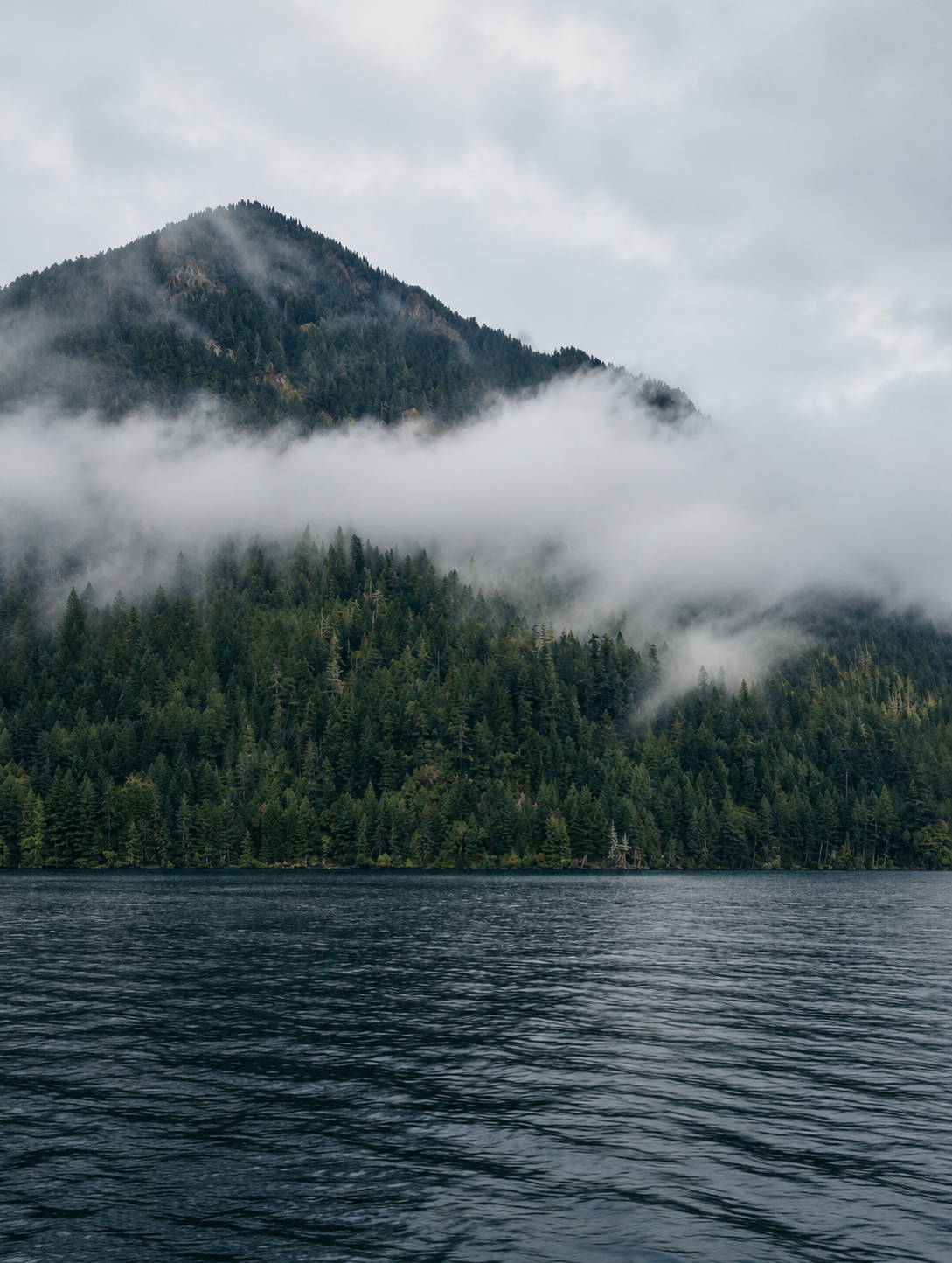 A view of a mountain covered with dense forest, partly obscured by clouds and mist, next to a dark water body, under a cloudy sky.