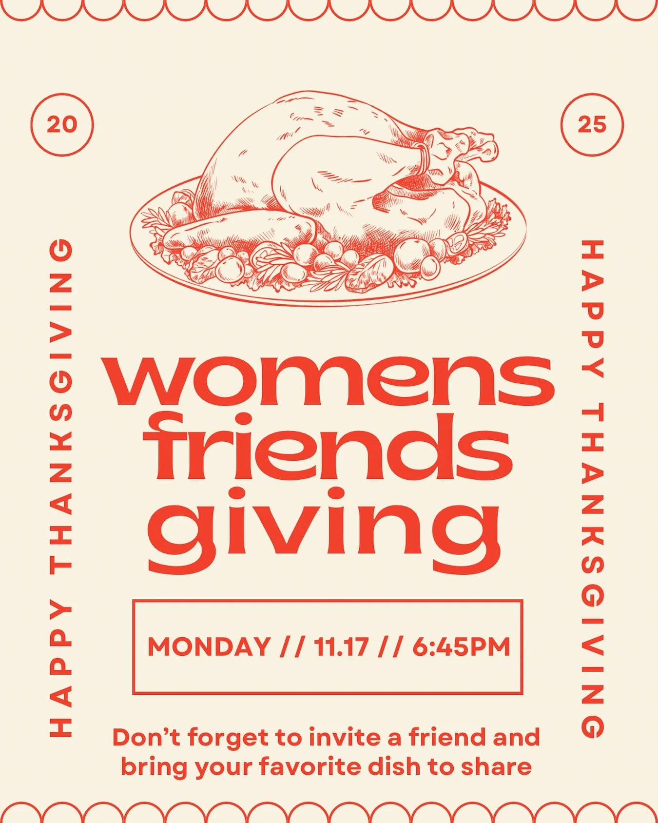 Ladies just a reminder that our Friendsgiving is this Monday at 6:45pm in the fellowship room. Don&rsquo;t forget to invite a friend and bring your favorite dish to share 🍁🍂