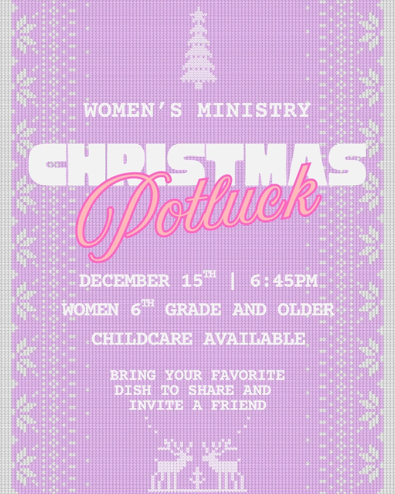 Ladies come out to our potluck tomorrow night at 6:45pm in the fellowship room! Bring your favorite dish to share as we feast together, hear an encouraging word, and get our Christmas on together! Childcare available 💗🌲💗