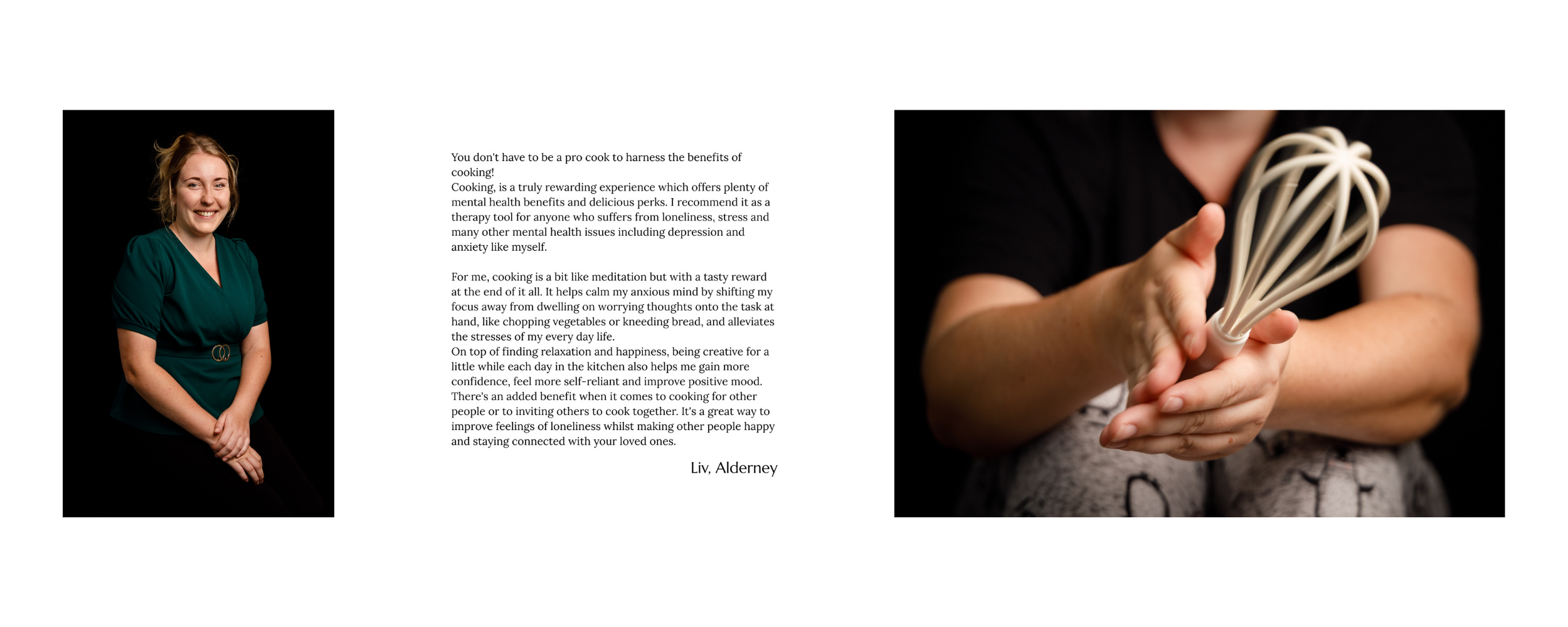 A collage with three sections: a smiling woman in a green shirt on the left, a page of text in the middle, and a person holding a whisk on the right.