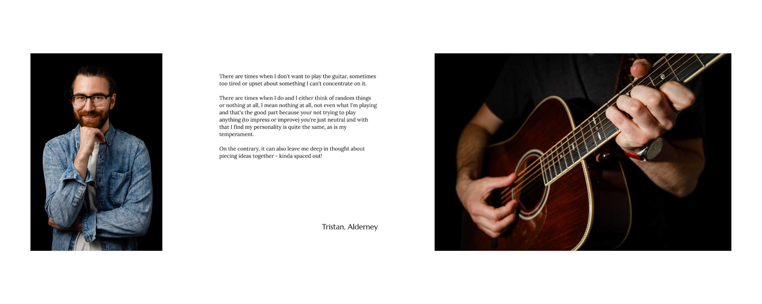 A collage featuring a portrait of a smiling man with glasses and a beard, a page of text, and a close-up of hands playing an acoustic guitar against a black background.