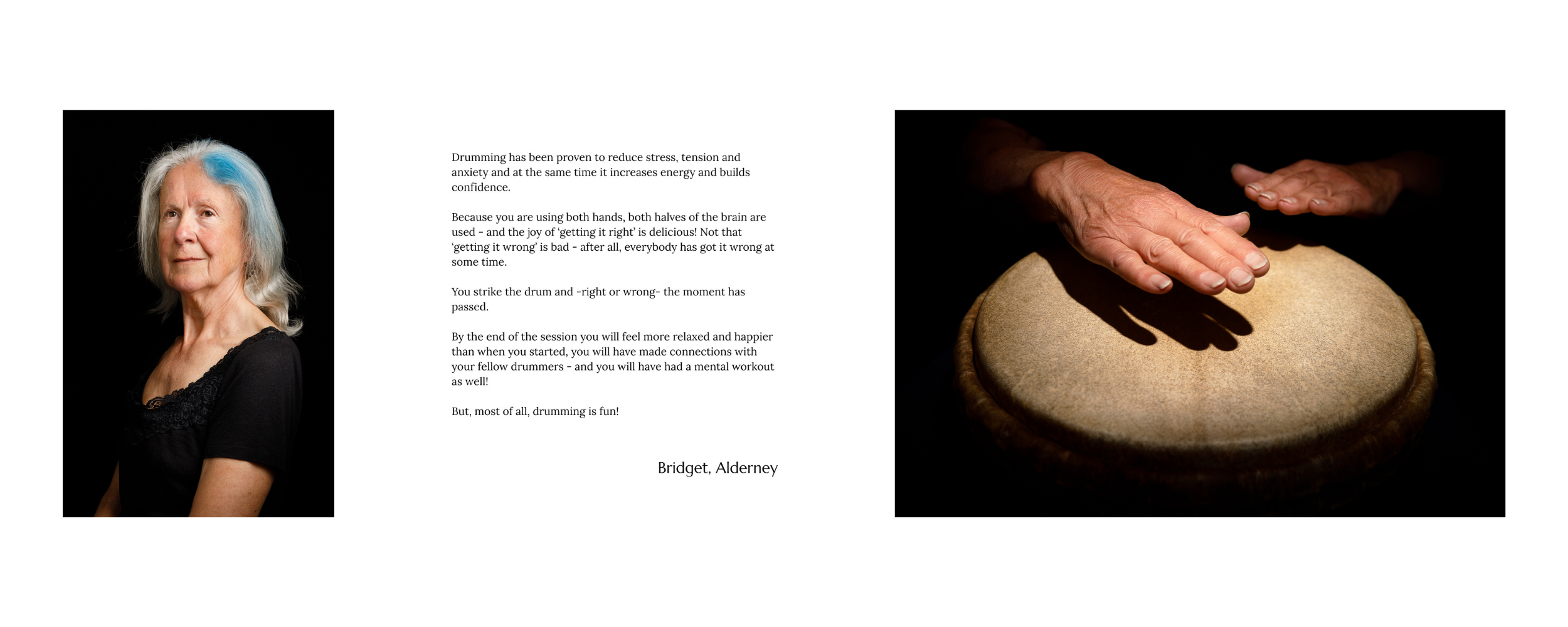 A portrait of an elderly woman with gray hair and a blue streak, wearing a black top, sitting against a black background; placement of text about drumming and stress reduction; a pair of hands about to strike a drum on the right, with the shadow of the hand visible on the drumhead.