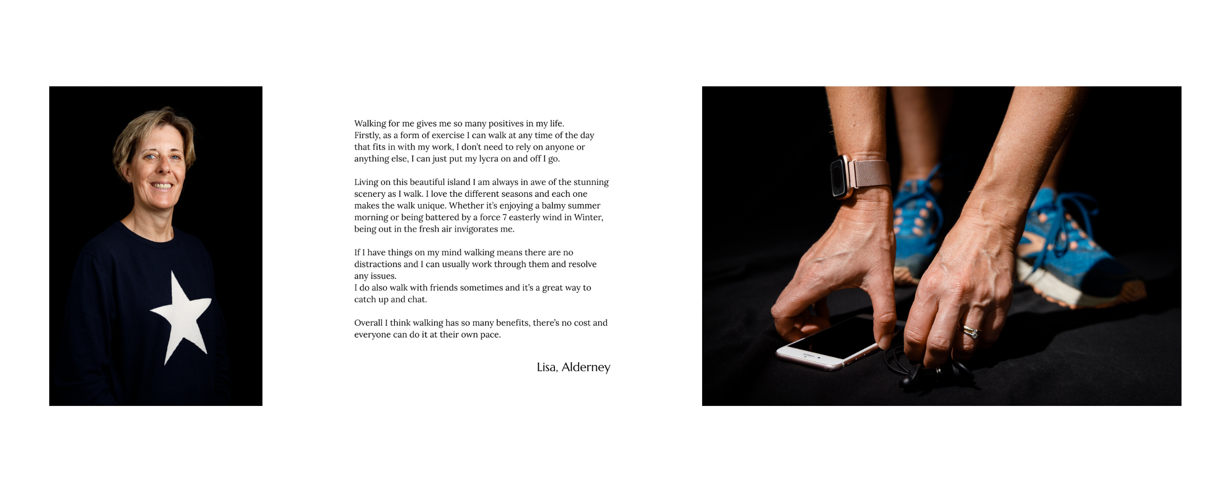 A woman smiling, a note about walking and its benefits, and a close-up of hands adjusting a phone on the ground, wearing athletic shoes and a fitness tracker.