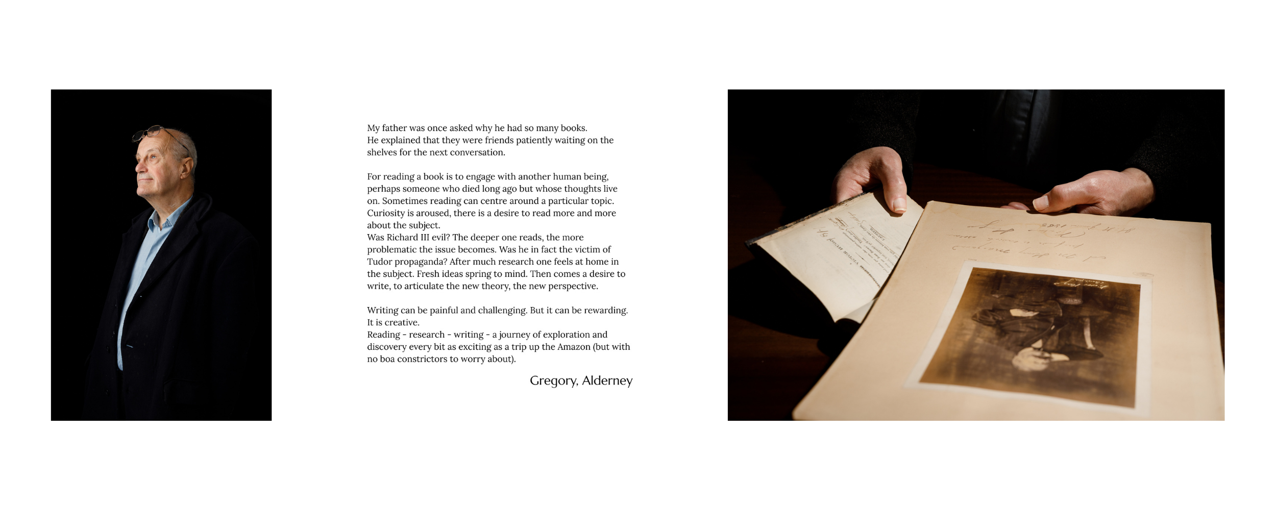 A three-part collage showing a man with glasses and a black coat on the left, a handwritten letter and a photograph in the middle, and hands holding an open book on the right.