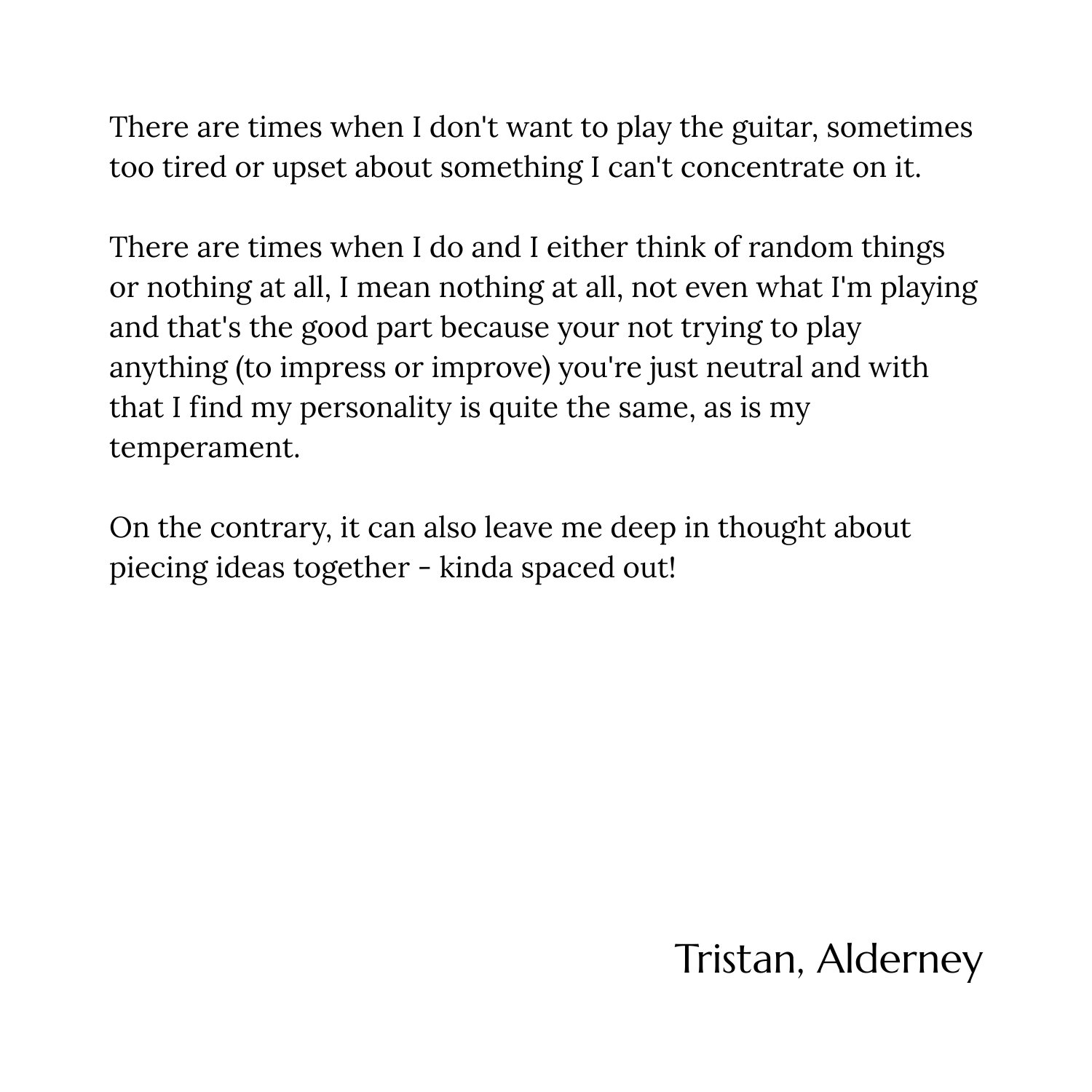 A text excerpt discussing feelings of neutrality and deep thought about piecing ideas together, signed by Tristan, Alderney.