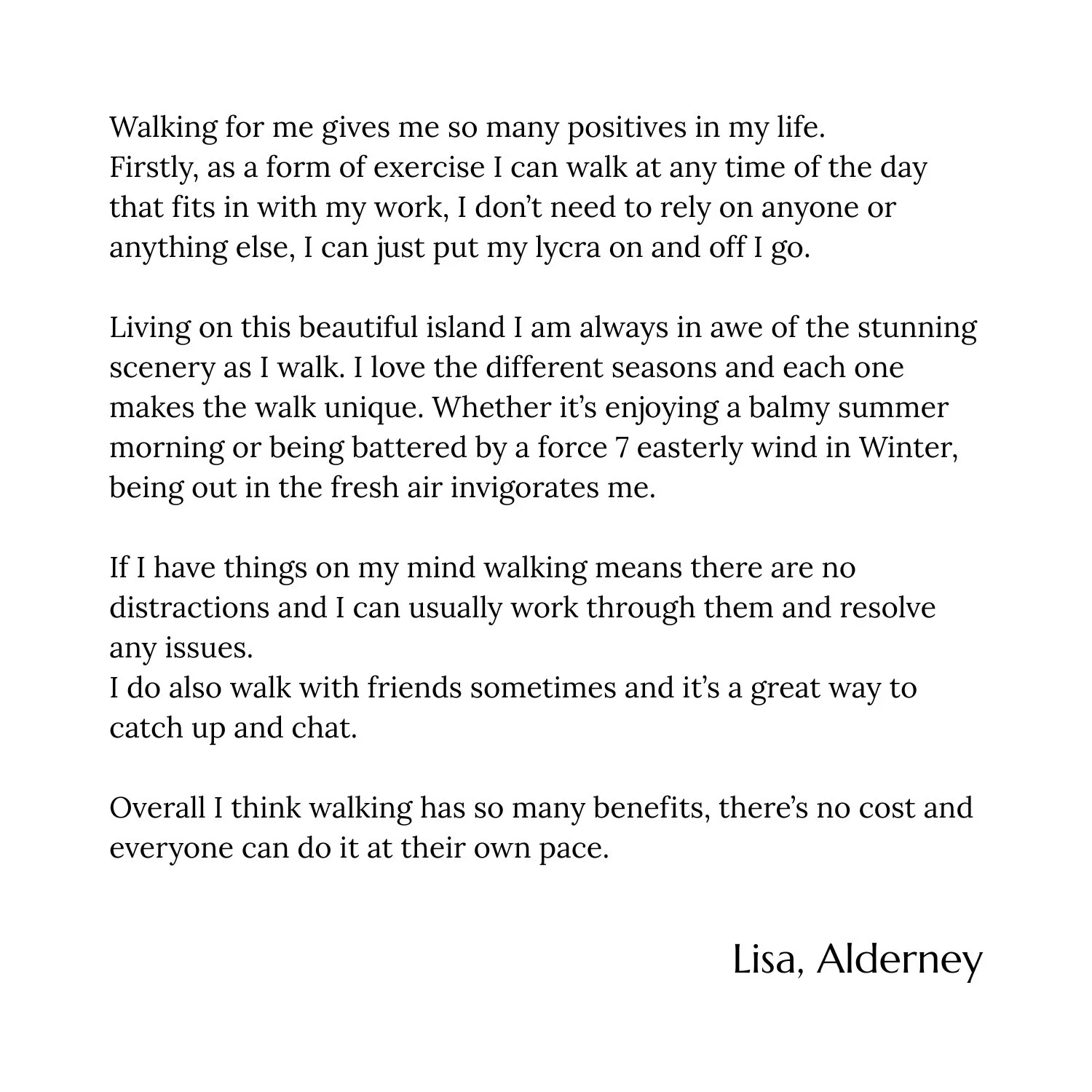 A letter expressing the benefits and joys of walking, written by Lisa, Alderney.