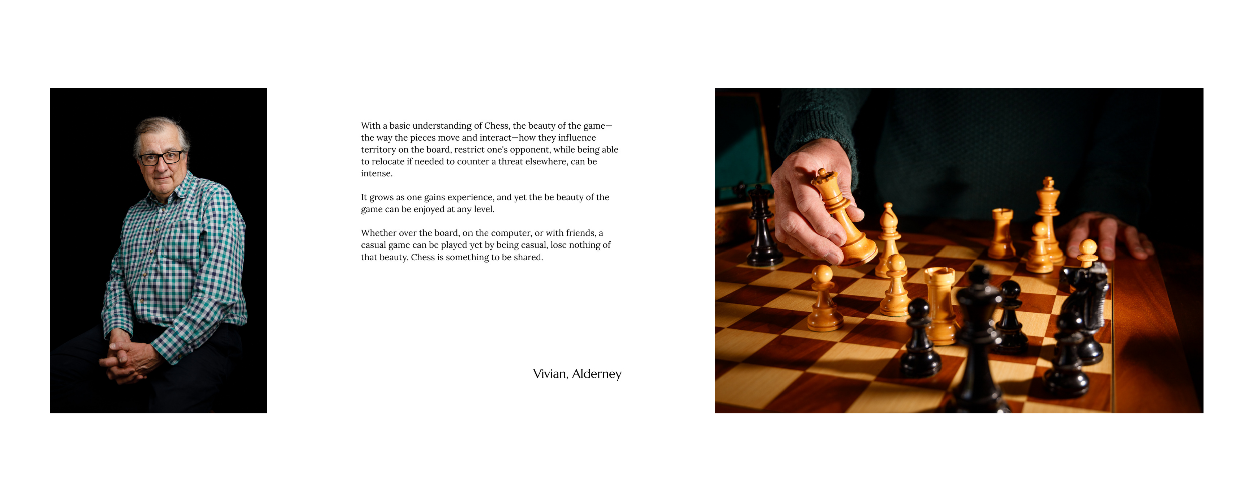 Portrait of an older man in a checkered shirt sitting on a black background next to a paragraph of text about chess, with a hand moving a rook on a chessboard in a close-up shot.