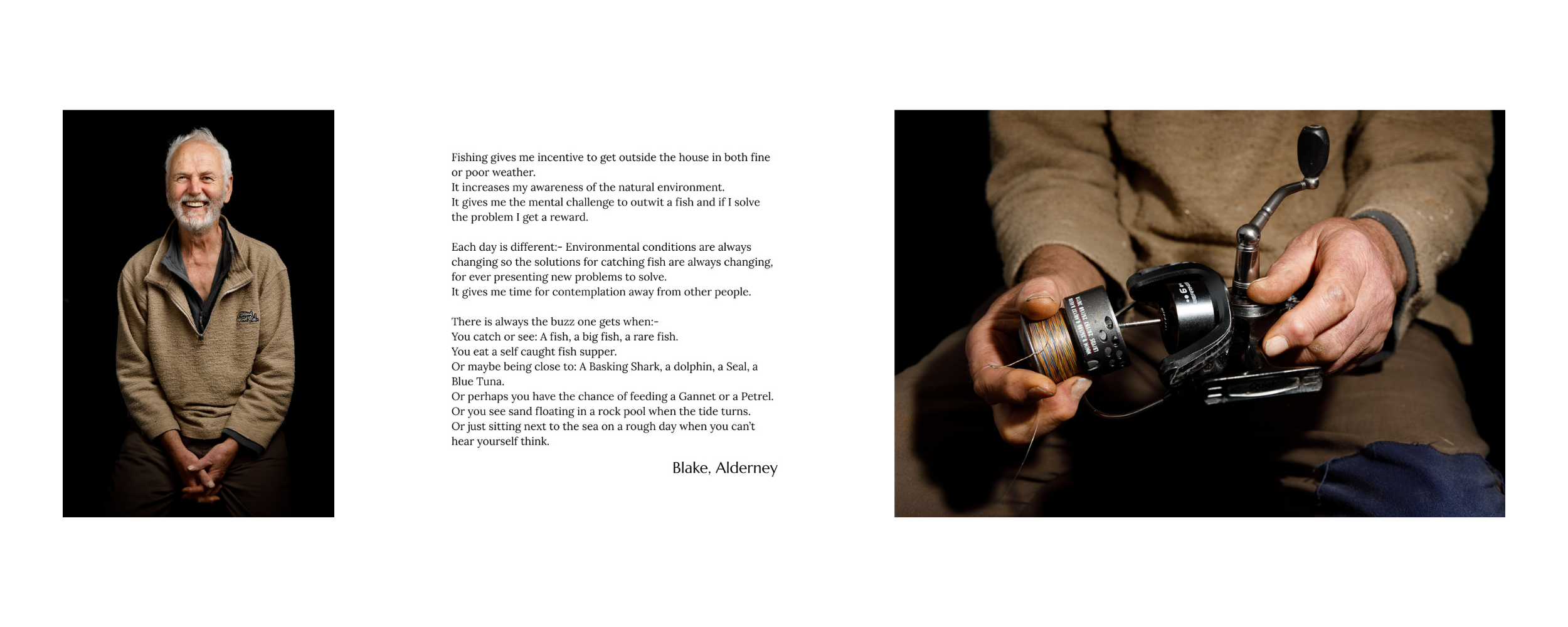 A collage of three images: a smiling elderly man in a tan jacket, a handwritten note about fishing and nature, and a person handling fishing reel gear.