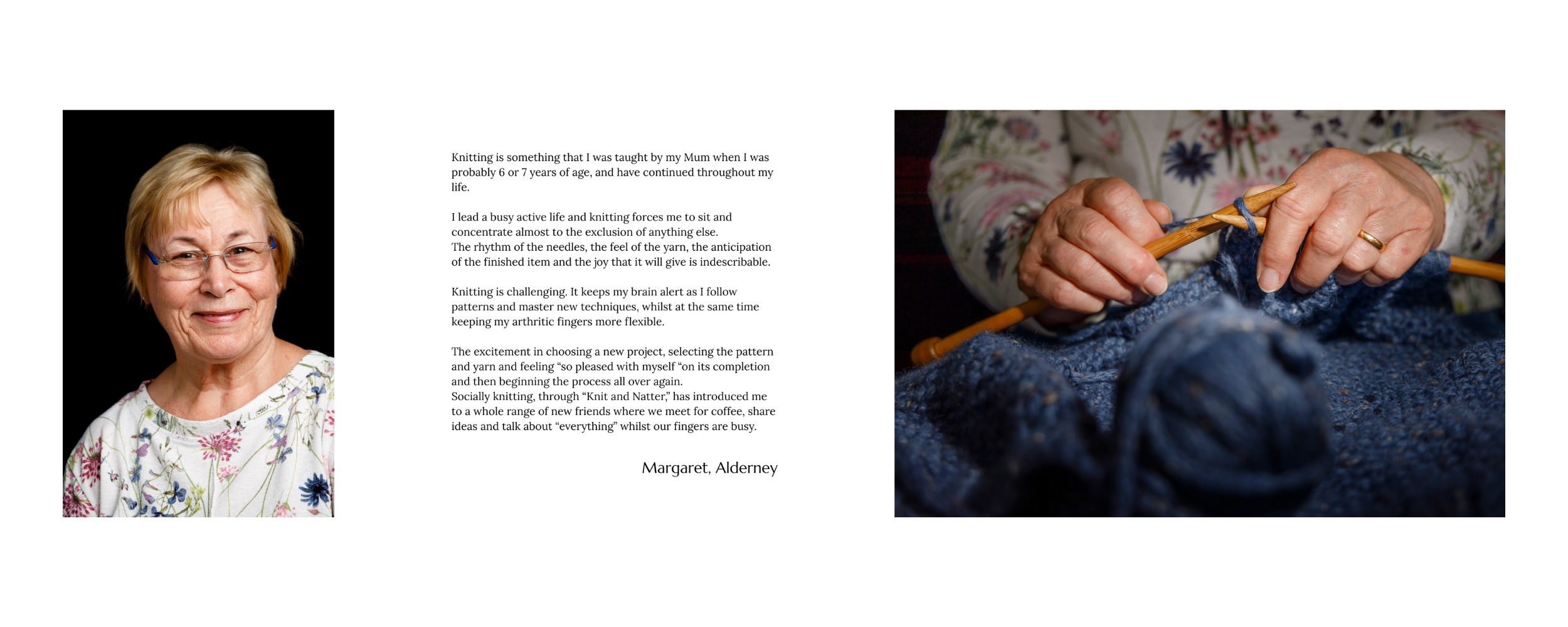 A woman with glasses smiling, a page of knitting story or article, and close-up of hands knitting with blue yarn and wooden needles.