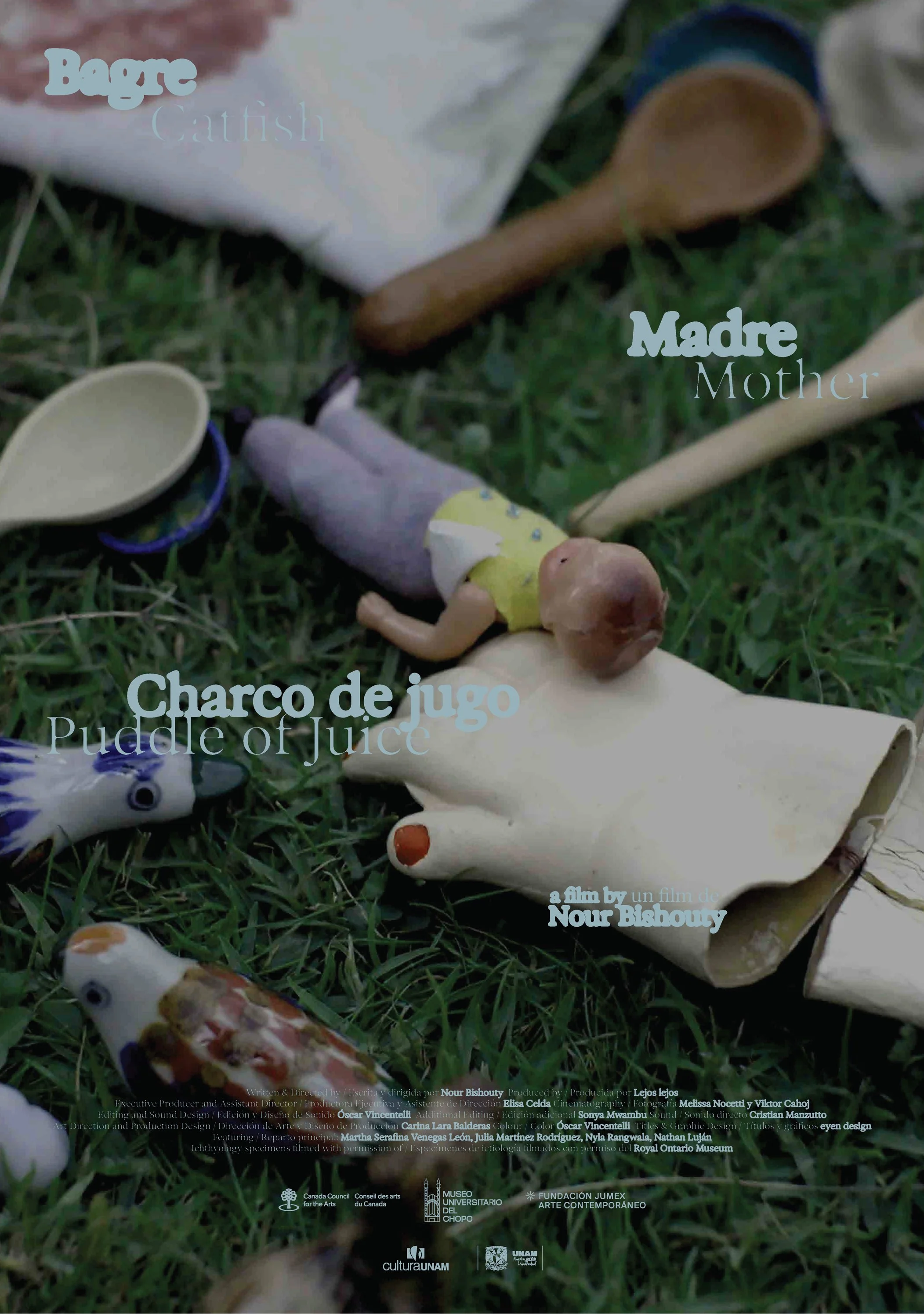 A film poster showing a small doll lying on grass among toy animals, cups, spoons, and paper scrolls. Titles and credits are overlaid.