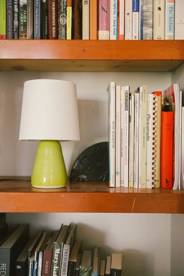 Books on shelves with a table lamp made by Natalya Jane and decorative stone piece in between.