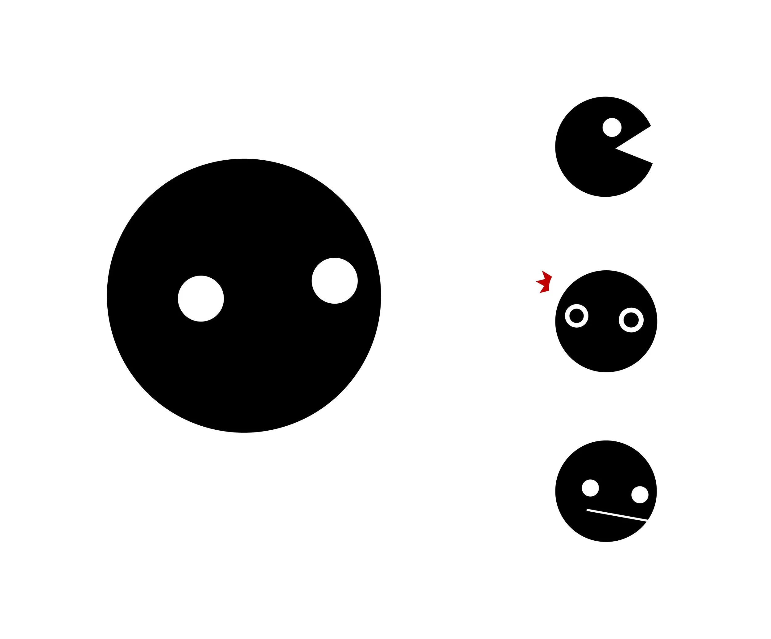 "The creature who can eat a lot. He is actually a musician." The “Pac-Man” form represents the process of getting negative emotions. The Otamatone form represents the process of releasing negative emotions. 