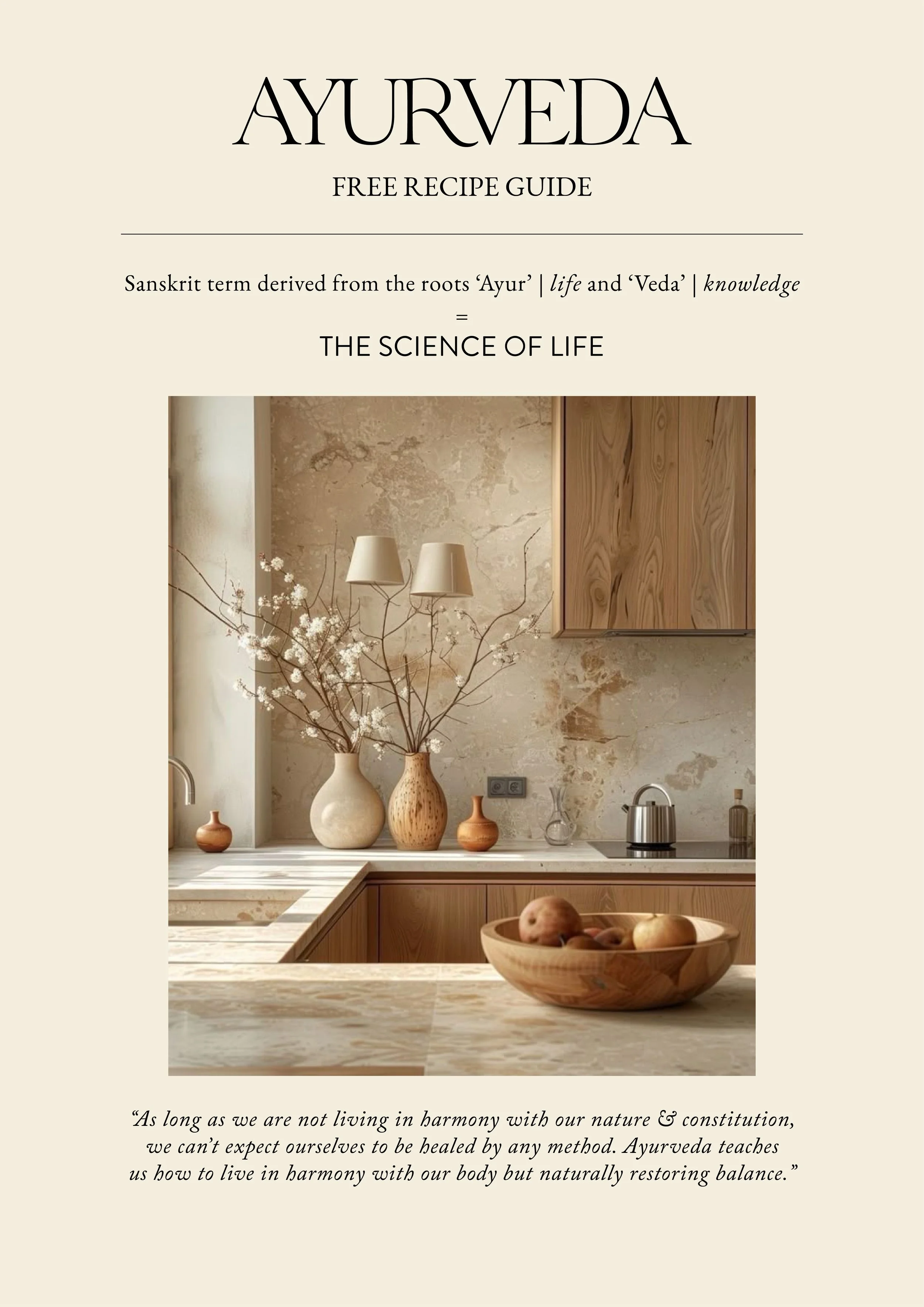 A yoga recipe guide cover with a minimalistic kitchen scene featuring vases with flowers, wooden bowls with fruits, and a marble countertop.