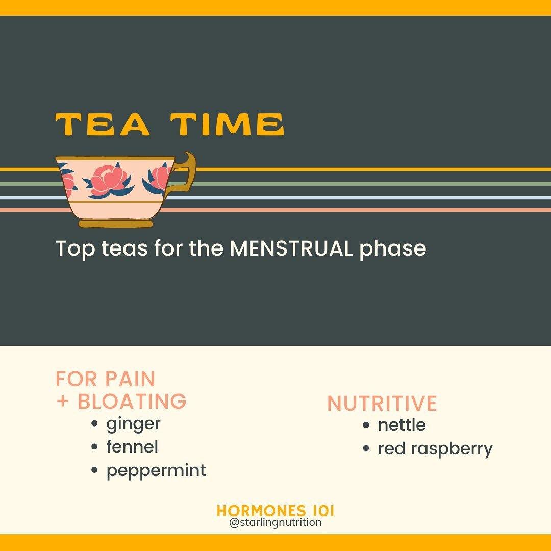 Teas are an incredibly simple and inexpensive way to regularly add some hormone-loving nutrients into your routine 🍵

Here are some of my favourite teas for the #menstrualphase: 

For pain + bloating: 
🌼 Ginger
🌼 Fennel 
🌼 Peppermint

Nutritive: 