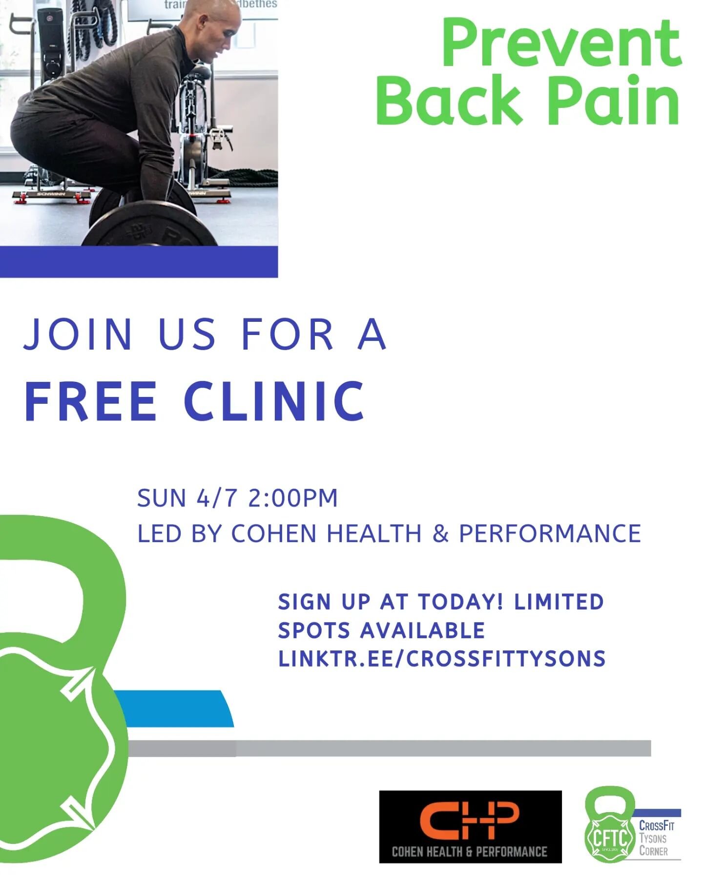 Join Dr. Zachary Cohen for a FREE workshop, sign up at link in profile linktr.ee/crossfittysons entitled:

&ldquo;Keep Training from Being a Pain in the Back.&rdquo;

Sunday, April 7th at 2pm
Crossfit Tysons Corner
8453 Tyco Rd. Suite k
Vienna, VA 22