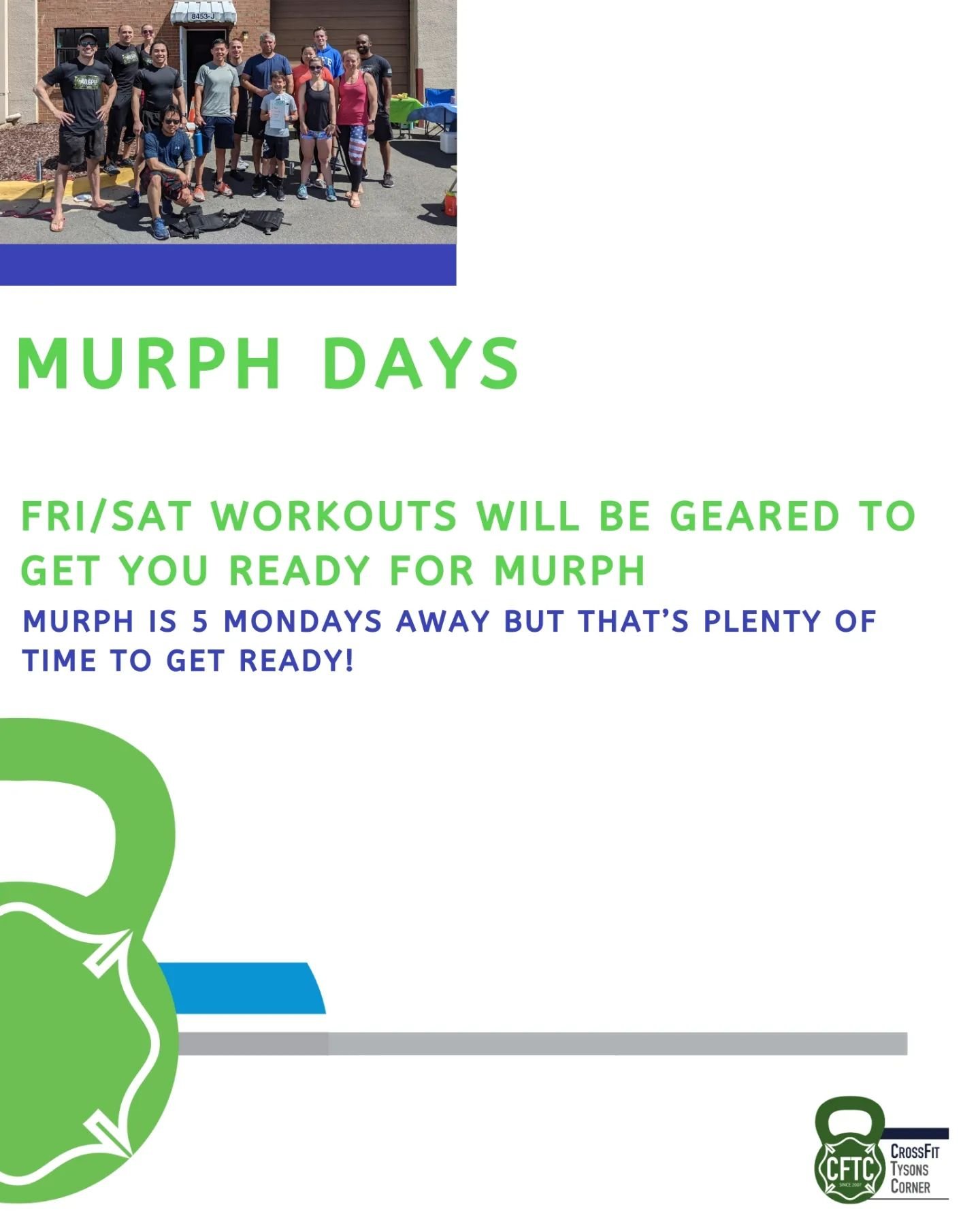 Murphy is coming! We will be an official host for the @murphchallenge for the 10th year! And there's plenty of time to rise to the challenge. Be in the lookout for these workouts that will alternate between Fridays and Saturdays.
.
Murph is
1 mile ru