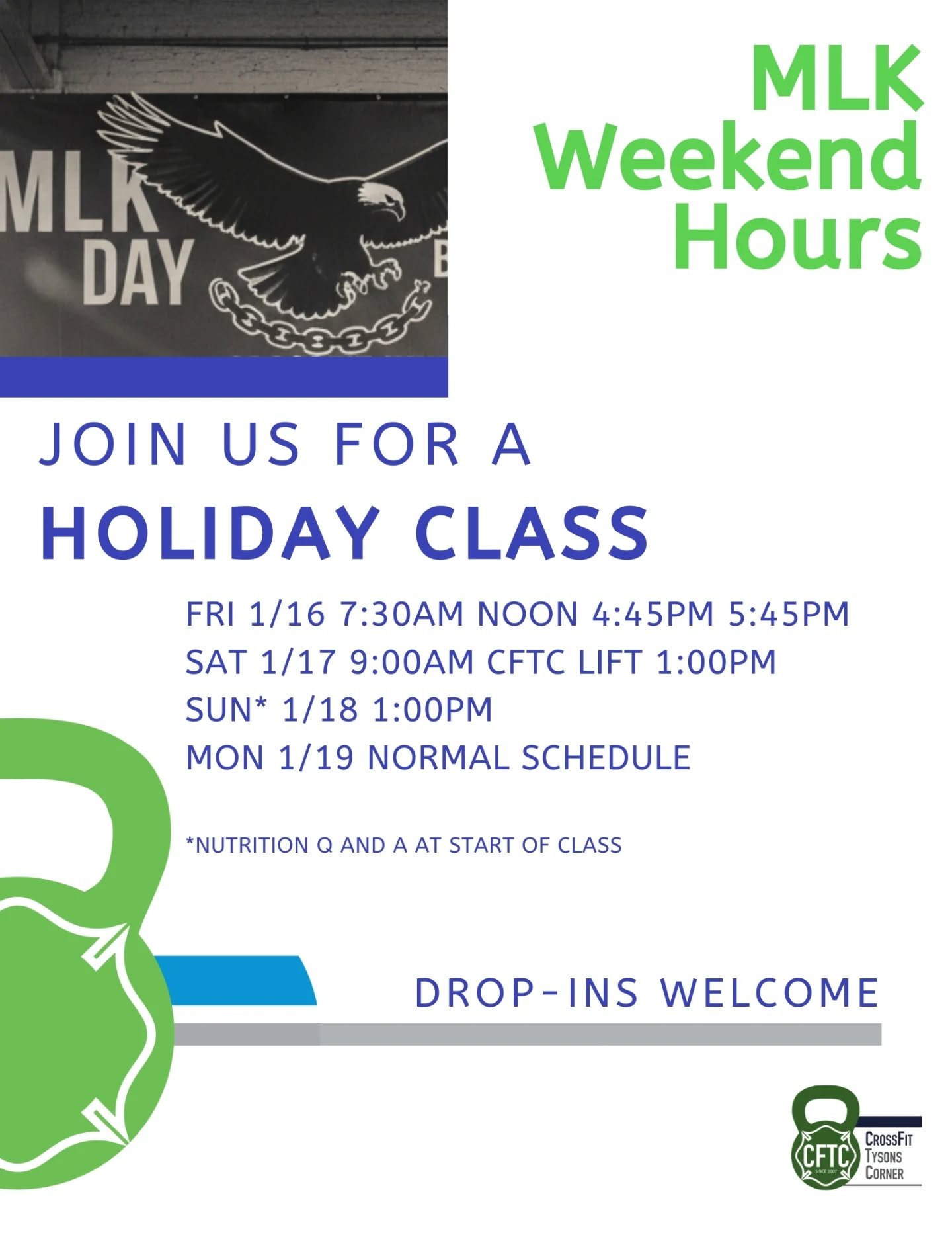 🗓️ MLK Weekend Schedule
.
​We&rsquo;re switching things up a bit for the holiday weekend! Grab your spot and come put in the work. 
.
​FRI 1/16: 7:30 AM | 12:00 PM | 4:45 PM | 5:45 PM
​SAT 1/17: 9:00 AM (CFTC Lift) | 1:00 PM
​SUN 1/18: 1:00 PM + Nut