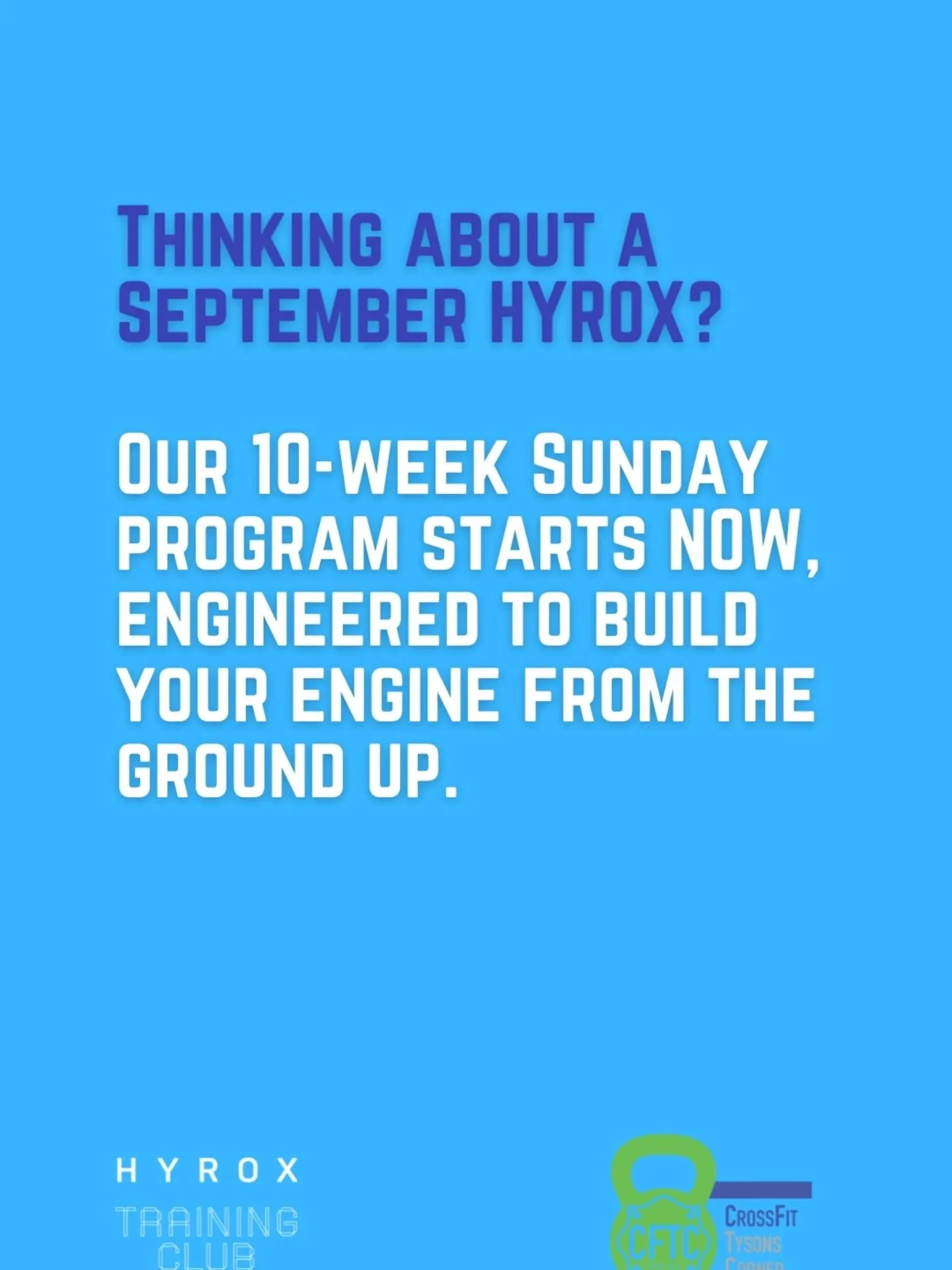 Ready to step onto the HYROX race floor this September with complete confidence? It starts with building your engine right now.

​Our brand-new 10-week Sunday Engine Block is officially underway at CrossFit Tysons Corner! This specialized class is co