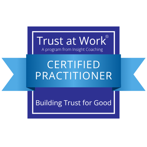 Certified Practitioner badge from Trust at Work program, featuring blue ribbon and text about building trust for good.