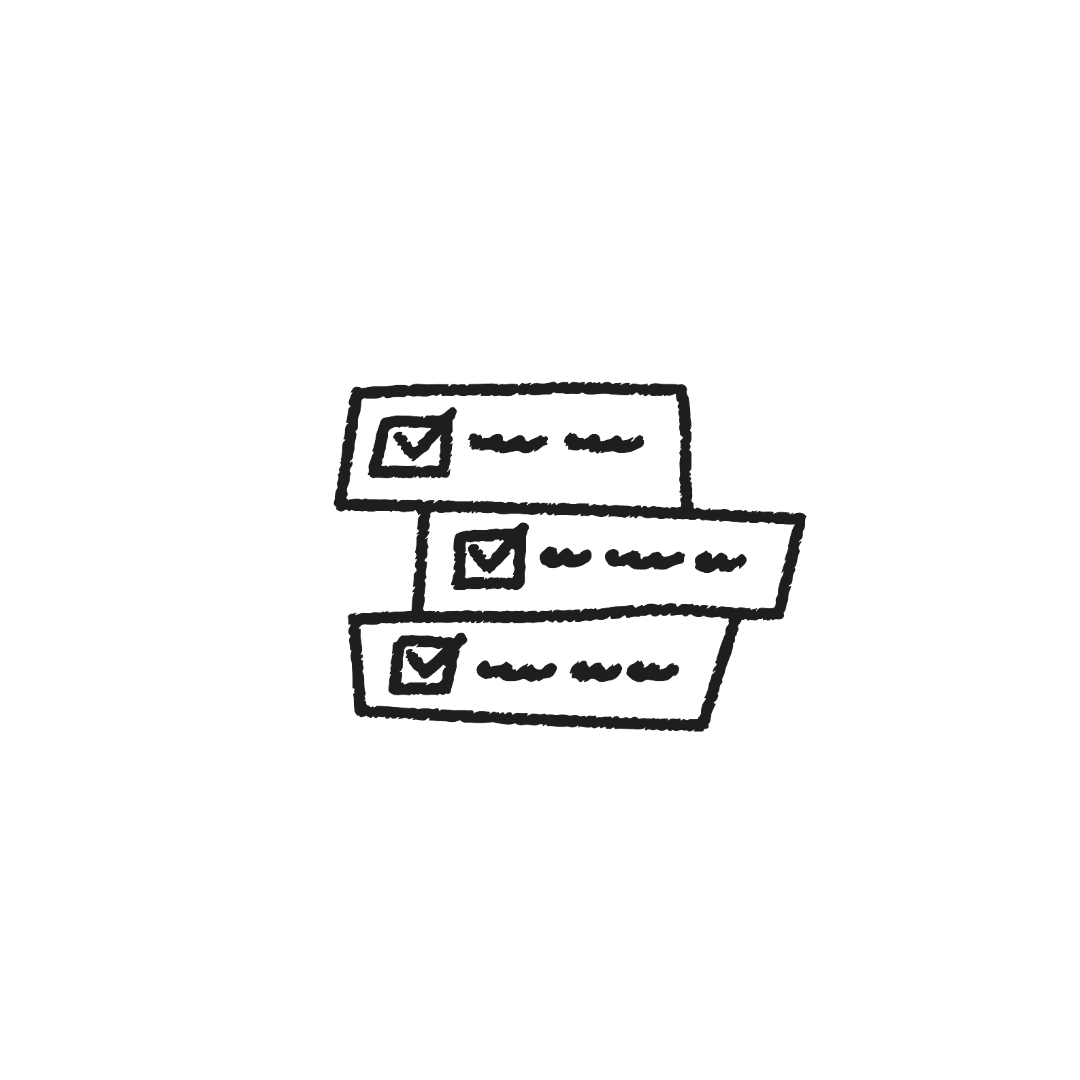 Hand-drawn illustration of three stacked checklists with checkmarks in boxes.
