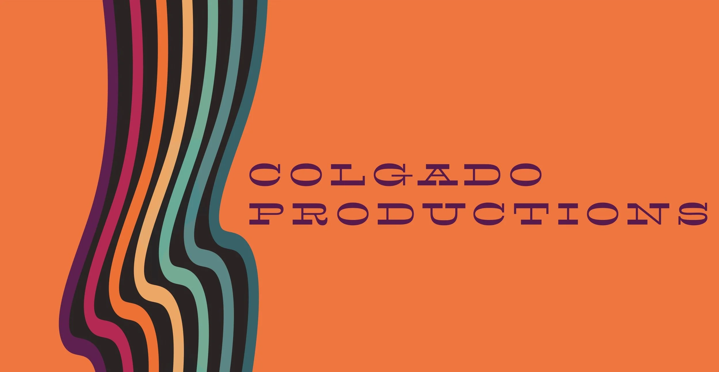 Abstract design with wavy multicolored stripes on the left and the text 'Colgado Productions' on an orange background.