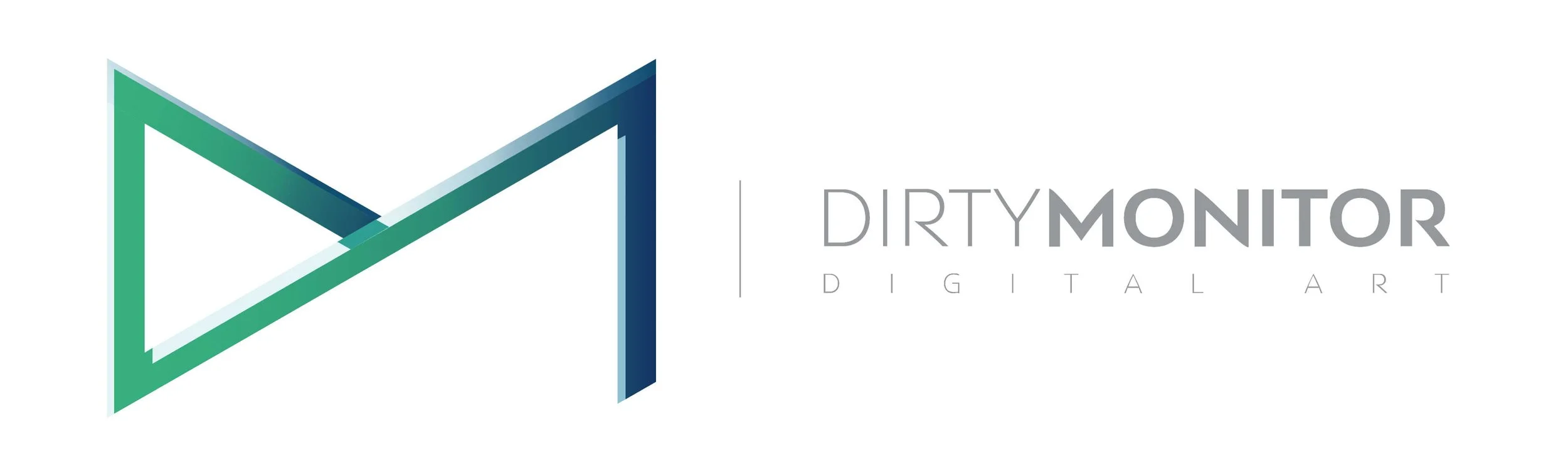 Logo for Dirty Monitor Digital Art featuring a geometric abstract design in shades of blue and green, with the text 'DIRTY MONITOR DIGITAL ART' beside it.
