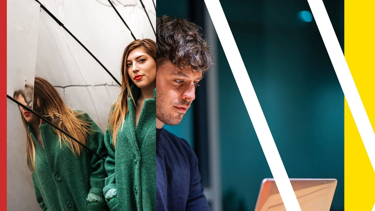 Collage of a woman in a green coat and a man using a laptop, separated by geometric lines.