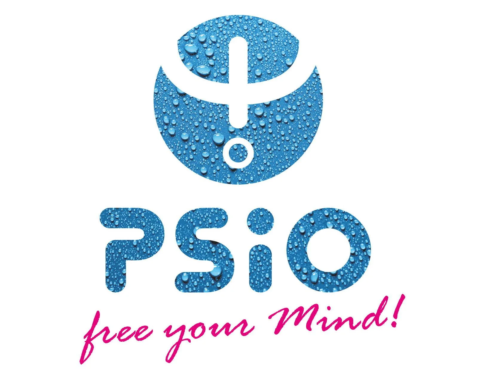 Logo for PSIO with the tagline 'free your Mind!' in decorative font and raindrop texture overlay.