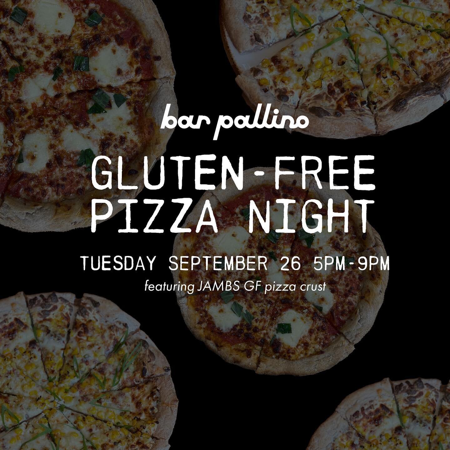 IT&rsquo;S HAPPENING AGAIN 🍕🍕🍕 our next gluten-free pizza night will be TUESDAY SEPTEMBER 26 ‼️ there&rsquo;ll be good pizza, good wine &amp; good vibes so tag a friend and mark your calendars! (no reservations, pizza will be served in bar pallino