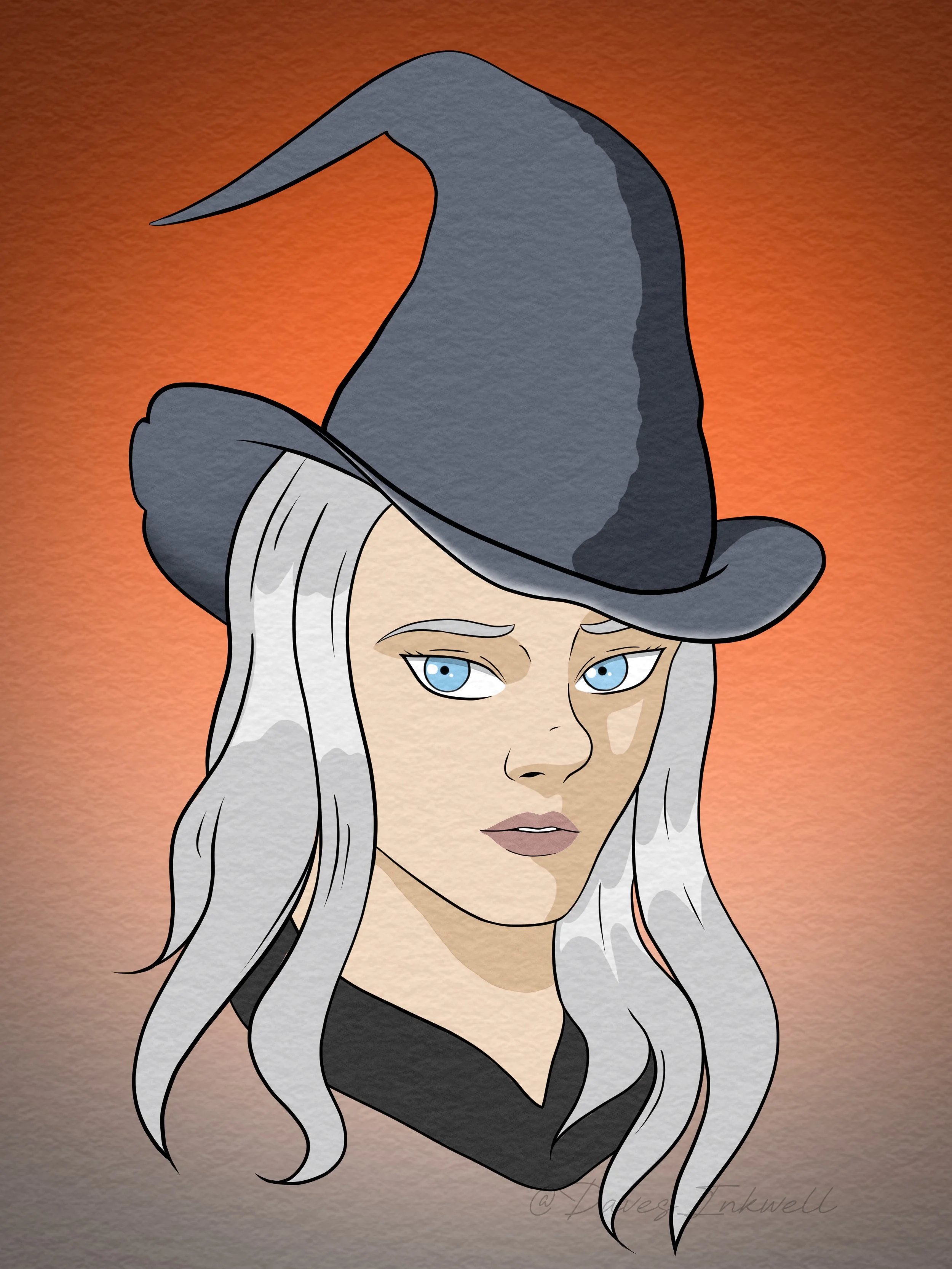 Portrait of a young witch with a sunset inspired background.