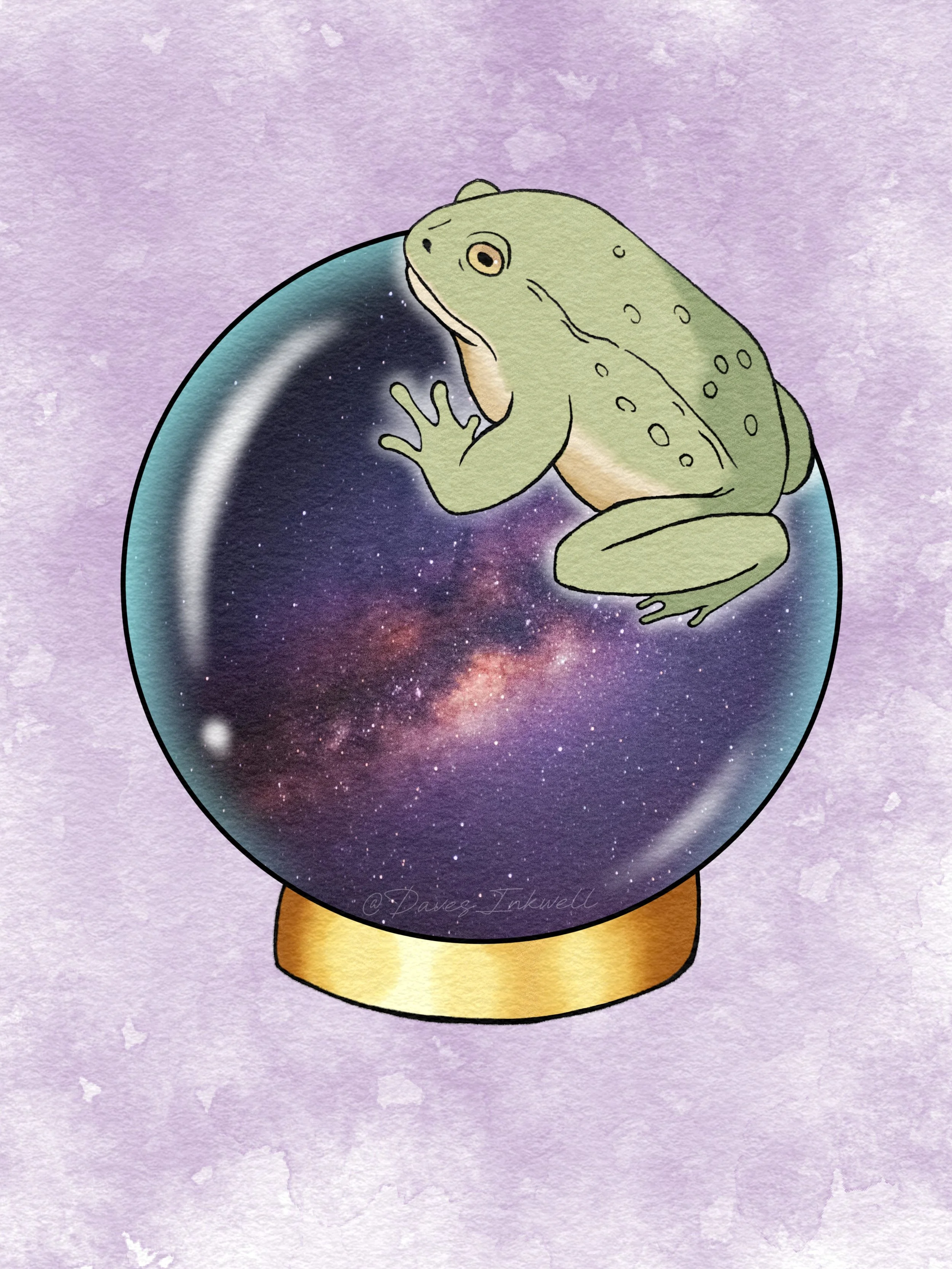A curious toad hops onto a crystal ball that swirls with hues of purple and blue.