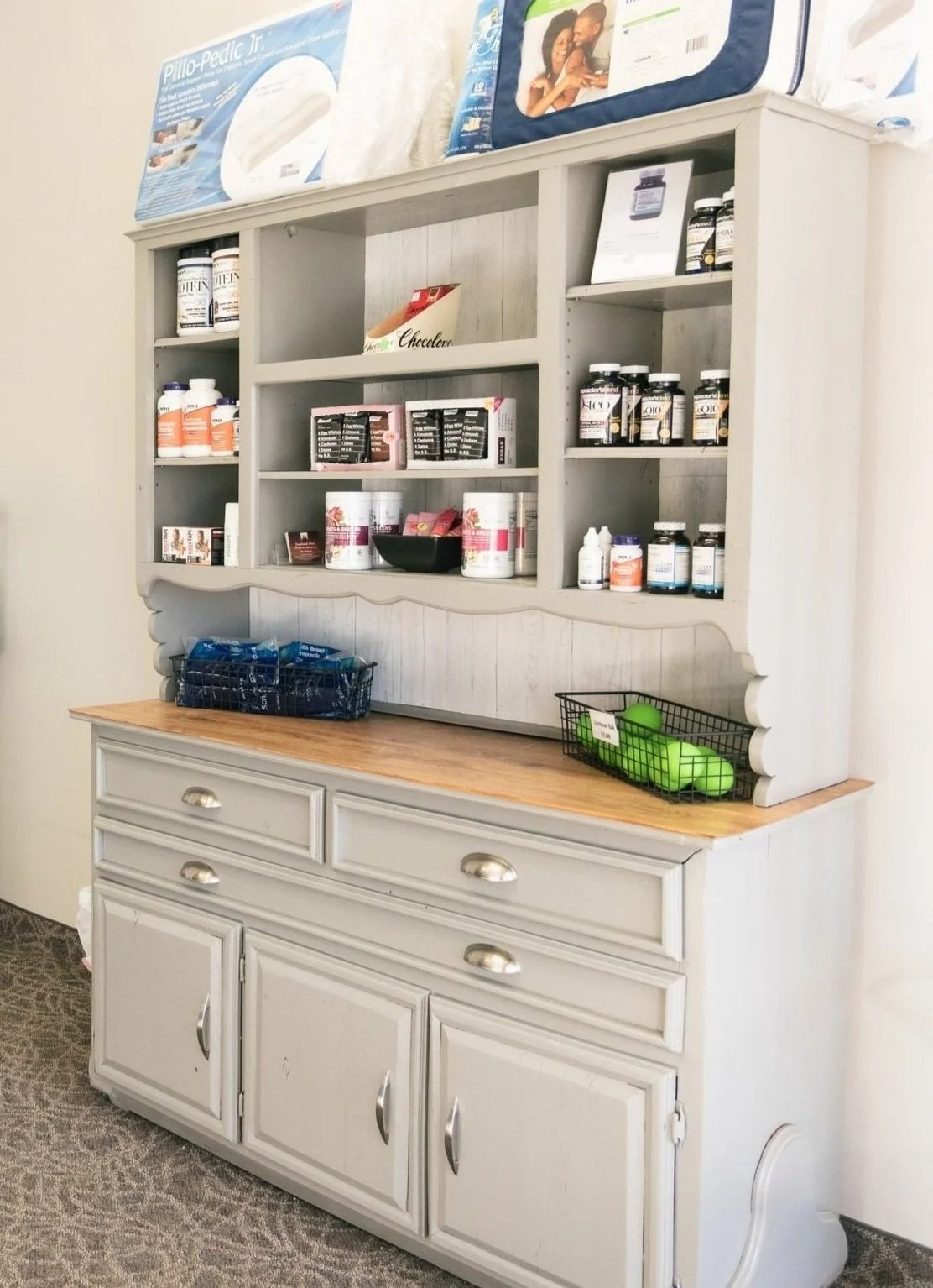 Gray hunt with supplements and exercise equipment